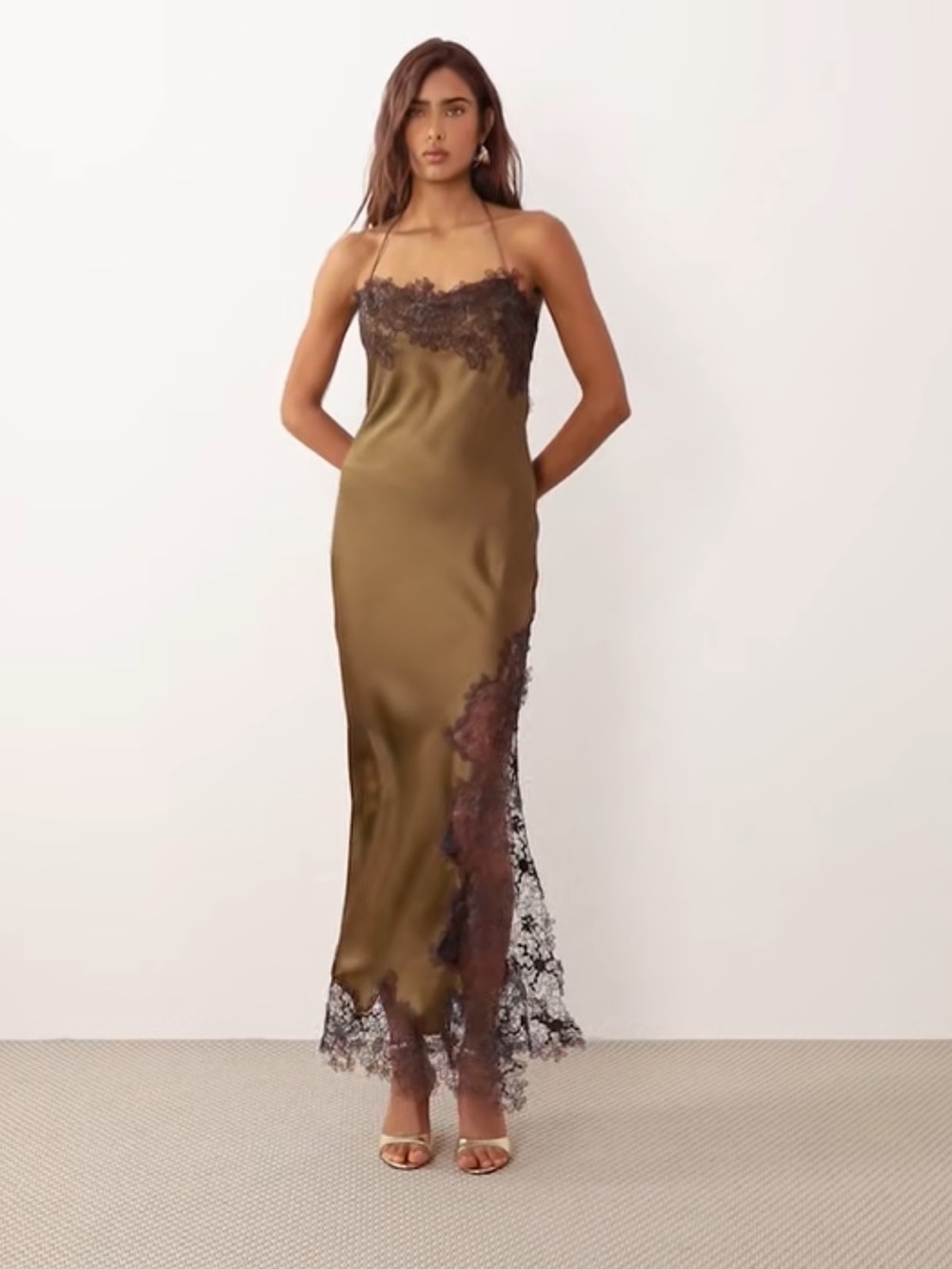 ASOS DESIGN satin lace applique midi dress in khaki